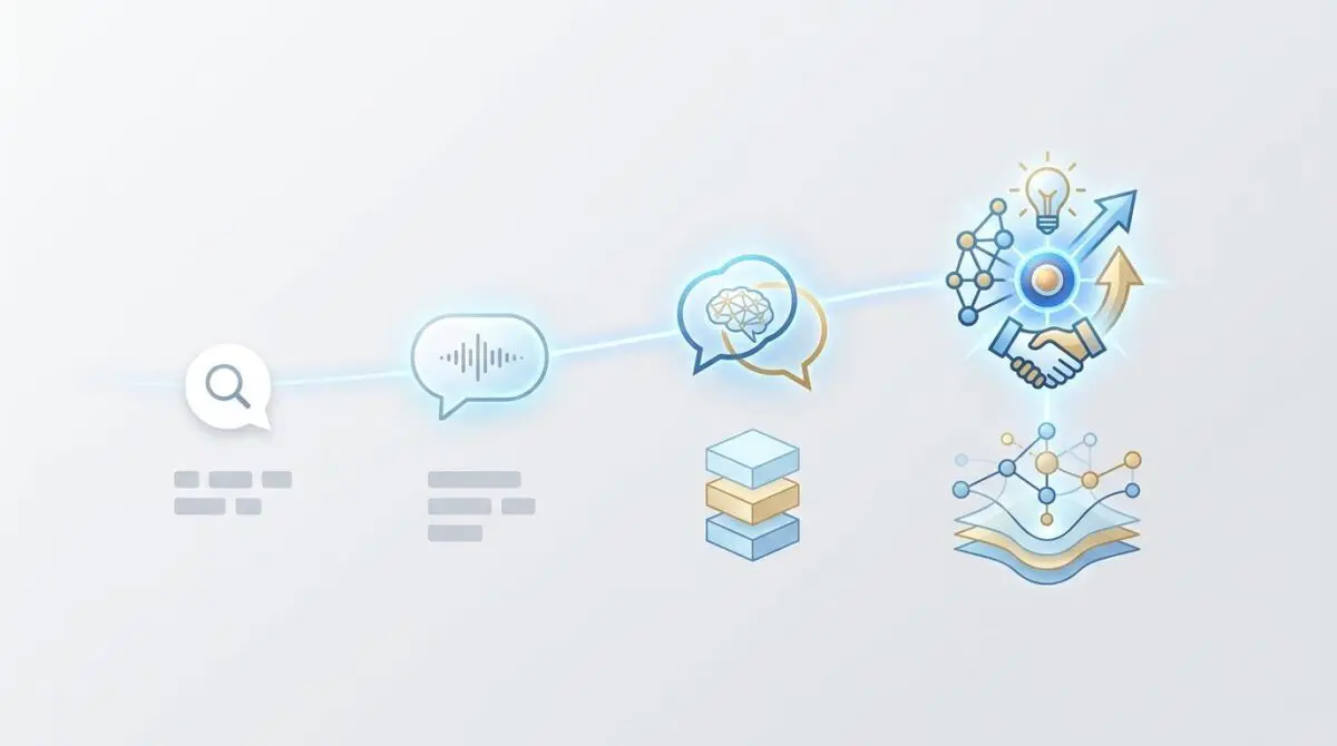 Illustration of search evolution, from query icons to conversational AI and advanced data analysis, depicting how search intent has evolved.