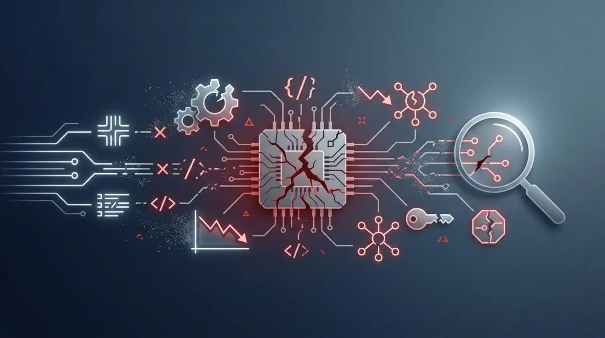 Cracked CPU representing failed FinTech innovations, surrounded by code icons and a magnifying glass.