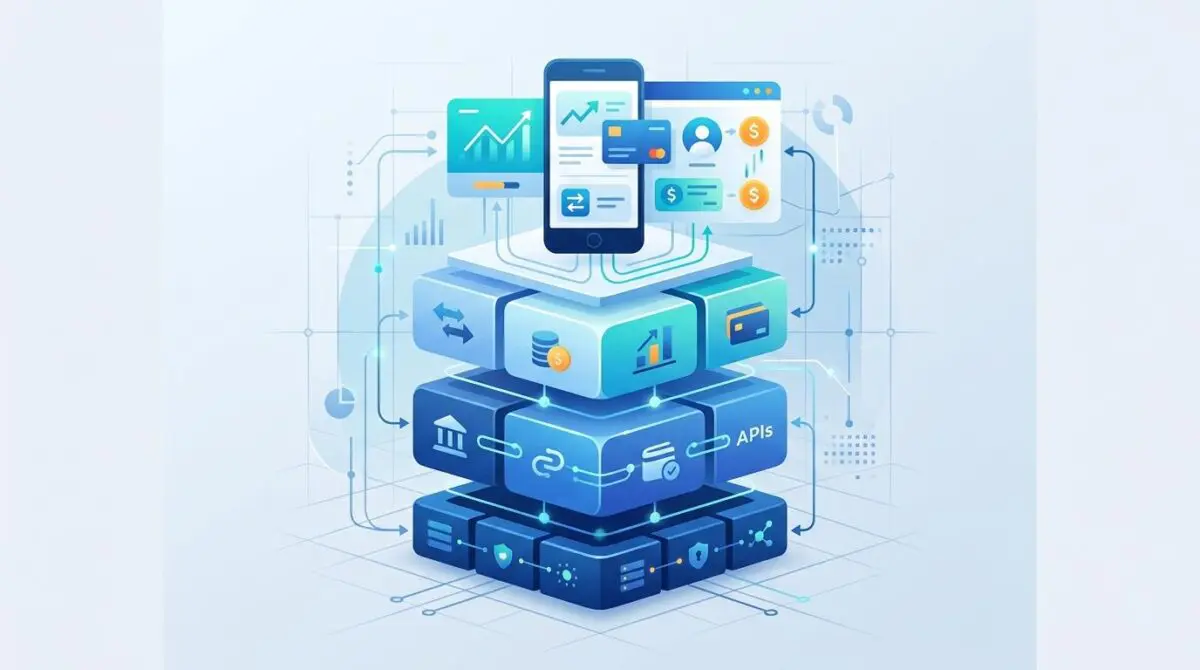 Abstract representation of the ultimate Fin-tech stack for a customer, showing layered components and APIs.