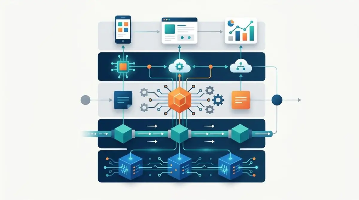 Abstract diagram showcasing the ultimate Fin-tech stack with interconnected systems and data flows.