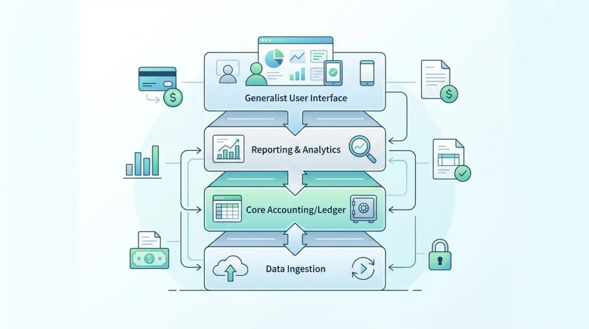 Diagram illustrating the ultimate Fin-tech stack for a generalist, showing data ingestion, core ledger, and reporting layers.