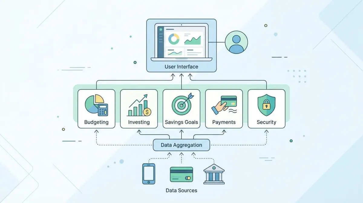 Infographic depicting the ultimate Fin-tech stack for private persons, showing budgeting, investing, savings goals, payments, and security.