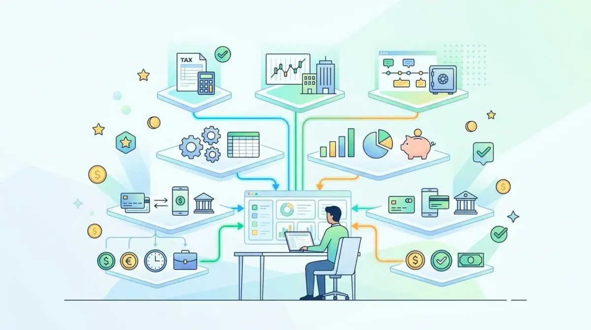 Diagram showcasing the ultimate Fin-tech stack for a worker with icons for tax, banking, and investments.