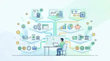 Diagram showcasing the ultimate Fin-tech stack for a worker with icons for tax, banking, and investments.