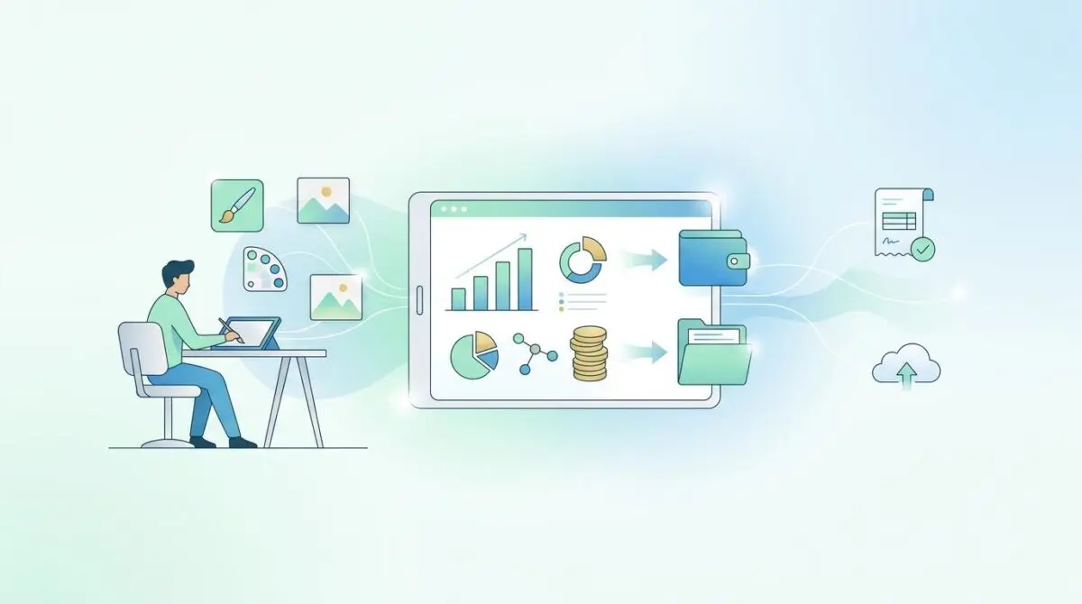 Artist managing finances with the best Fin-tech tools for freelance musicians and artists.