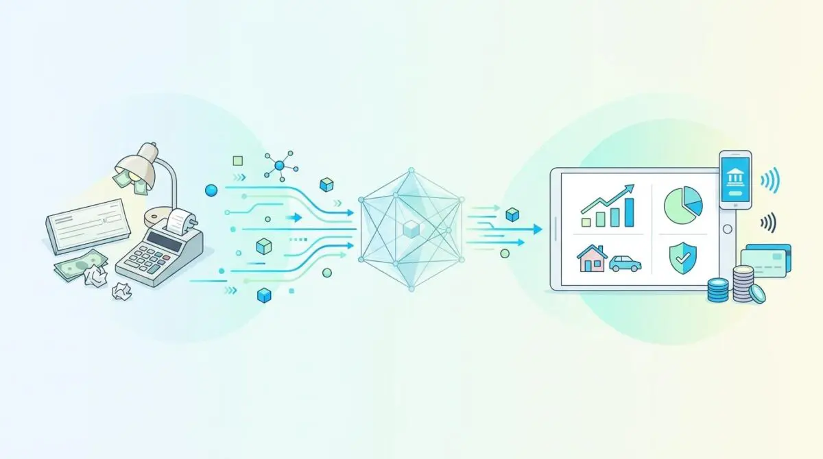 FinTech transforms manual finance with a calculator and checks into digital insights on a tablet.