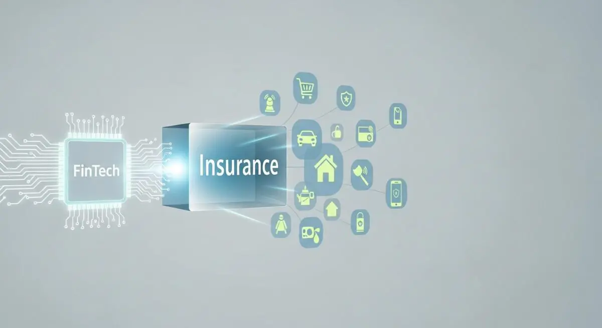 FinTech chip powering a network of insurance icons, illustrating embedded insurance. By Andres SEO Expert.