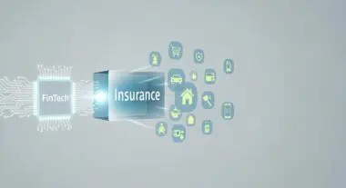 FinTech chip powering a network of insurance icons, illustrating embedded insurance. By Andres SEO Expert.