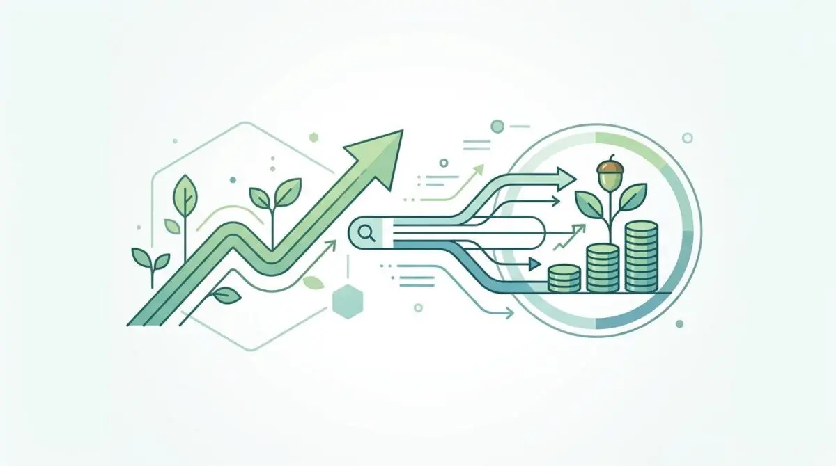 Green finance and sustainable investing visualized with growing plants and coin stacks.