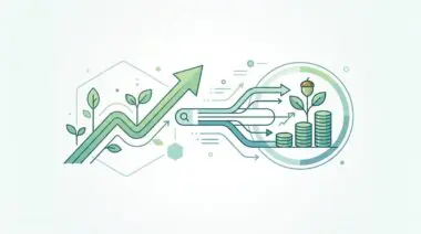 Green finance and sustainable investing visualized with growing plants and coin stacks.