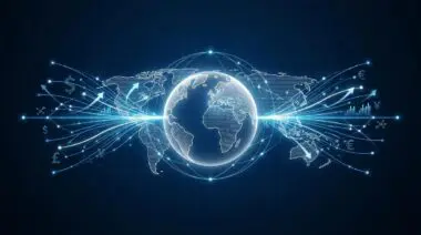 Digital globe with glowing lines connecting currency symbols, illustrating the impact of FinTech on the global economy.