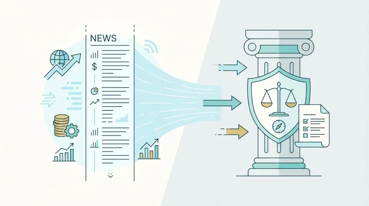 Illustration showing news data flowing into a shield with scales of justice, aiding how to stay up-to-date on FinTech.