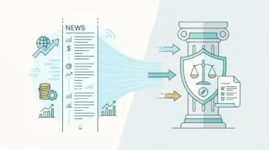 Illustration showing news data flowing into a shield with scales of justice, aiding how to stay up-to-date on FinTech.
