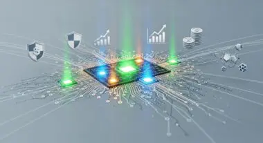 Central processor with glowing nodes illustrating the FinTech Revolution in B2B Payments, security, and growth.