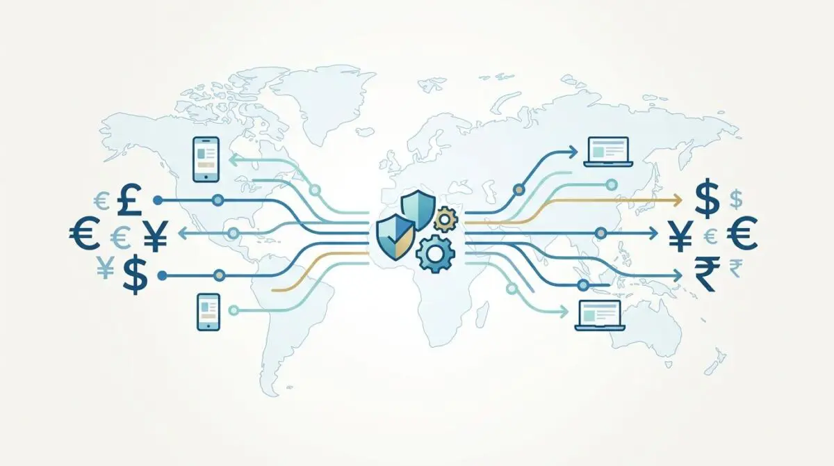 Global network illustrating how FinTech revolutionizes international money transfers with currency symbols.