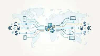 Global network illustrating how FinTech revolutionizes international money transfers with currency symbols.