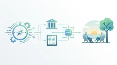 Illustrating FinTech's role in retirement planning: compass, bank, data, and serene couple.