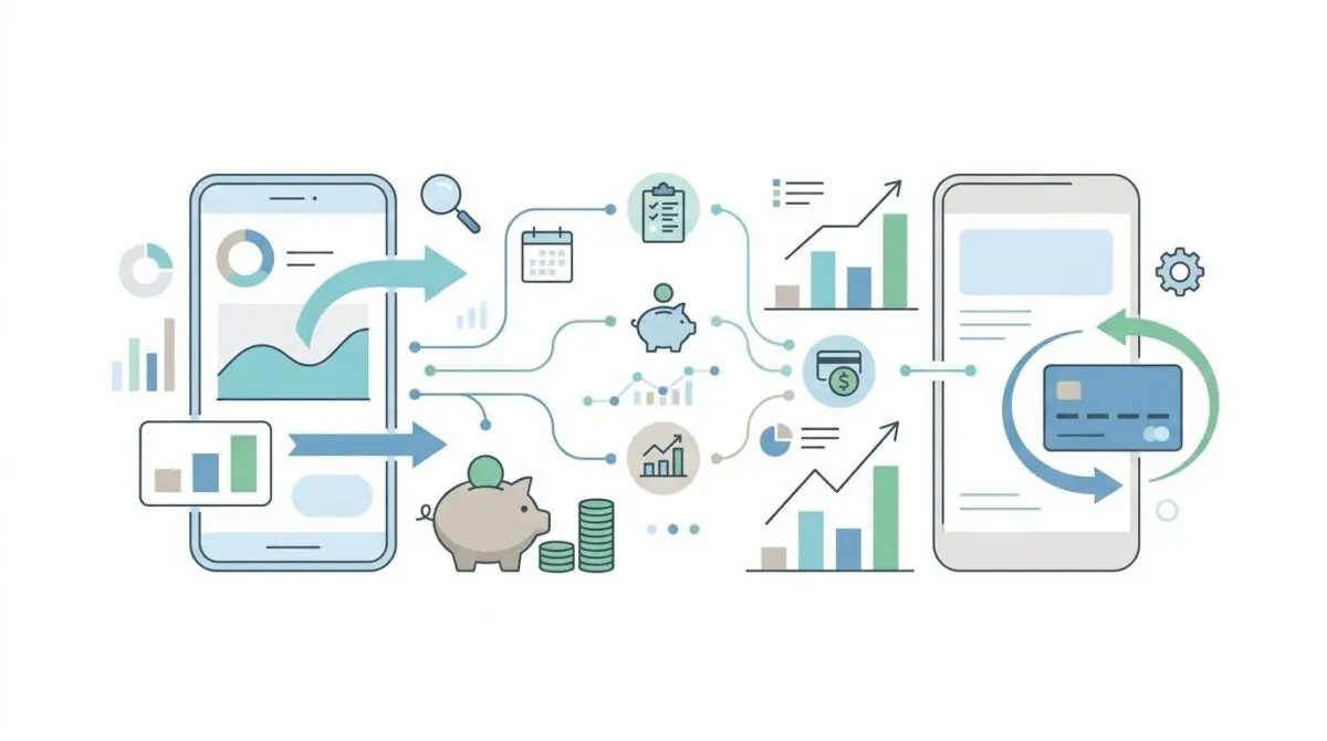 Illustration showing mobile finance apps, charts, and piggy banks for building a better financial life with FinTech.
