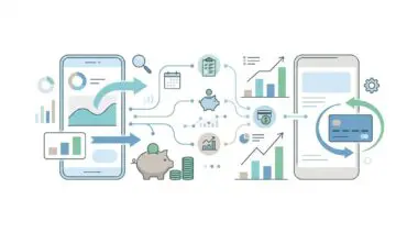 Illustration showing mobile finance apps, charts, and piggy banks for building a better financial life with FinTech.