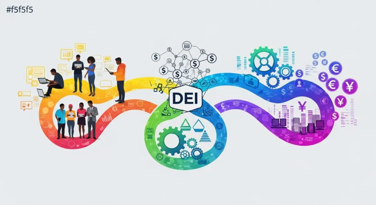 FinTech illustration showing diverse people interacting with technology, symbolizing the role of FinTech in promoting DEI.