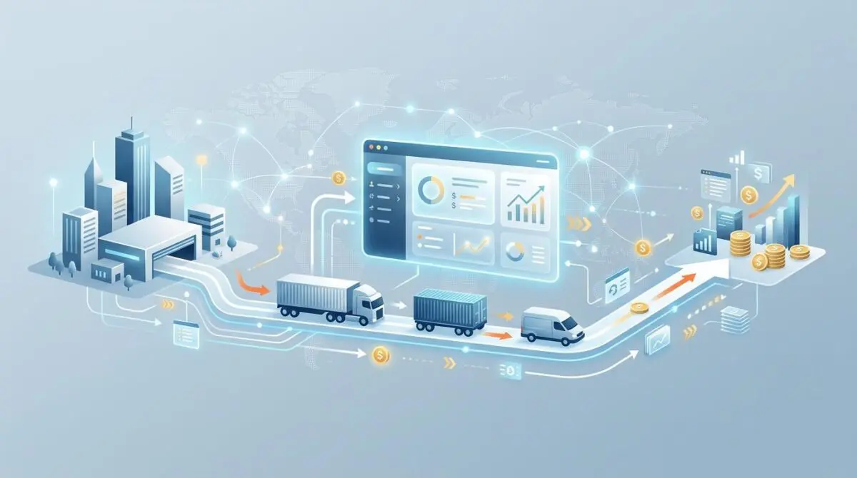 Trucks and vans on a digital map showing financial data, representing Fintech tools for trucking logistics.