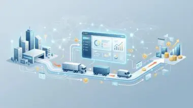 Trucks and vans on a digital map showing financial data, representing Fintech tools for trucking logistics.