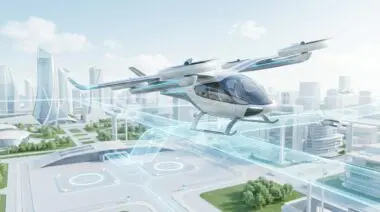 Futuristic flying car navigating a smart city, showcasing the push for flying cars and urban air mobility.