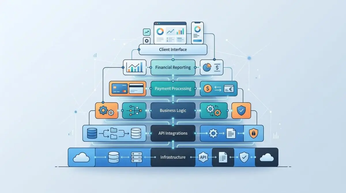 Diagram of the ultimate Fin-tech stack for a freelancer, showing client interface, financial reporting, payment processing, business logic, API integrations, and infrastructure.
