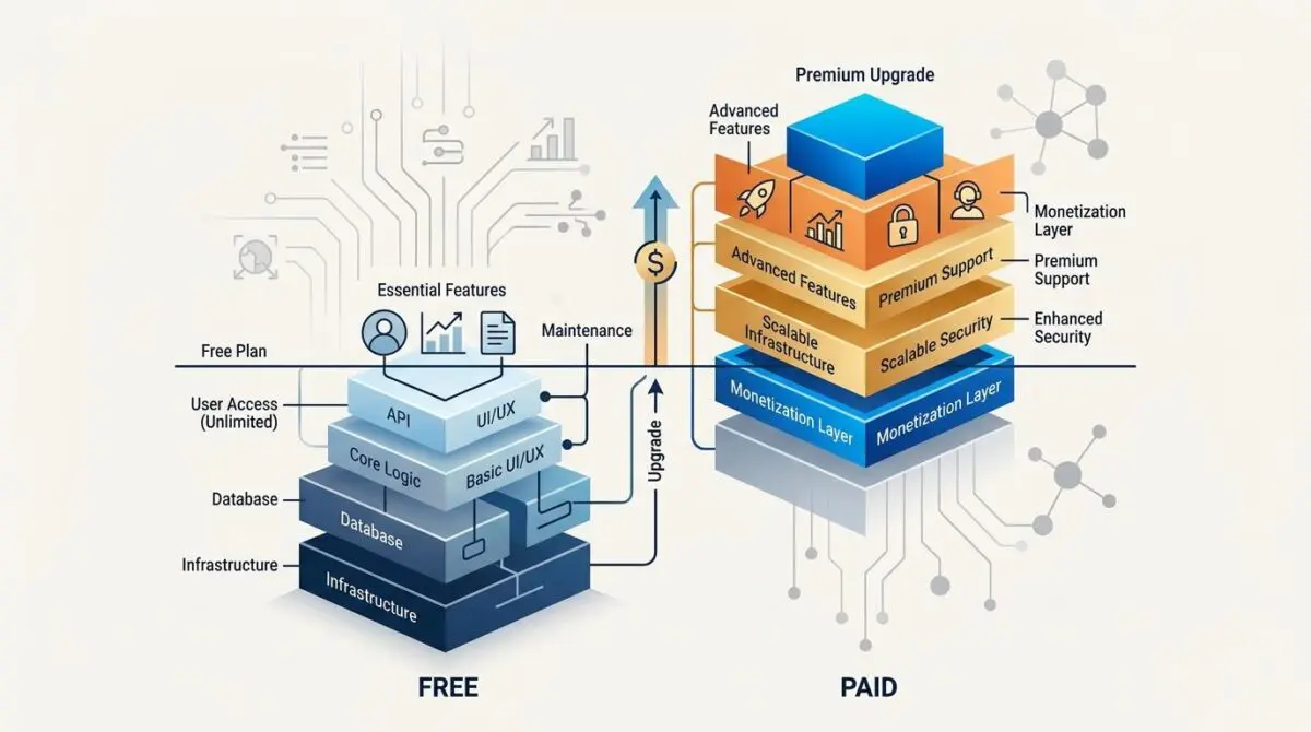 Diagram showing free and paid software stacks for running a business on a freemium model.