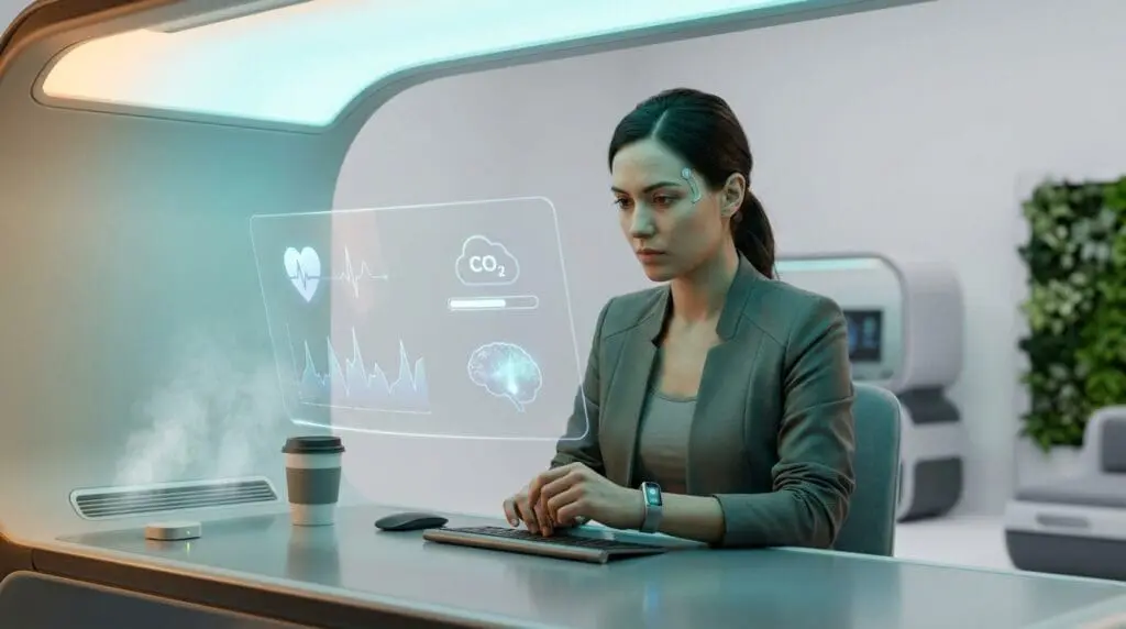A professional woman works at a futuristic desk with holographic displays showing health and CO2 environmental data.