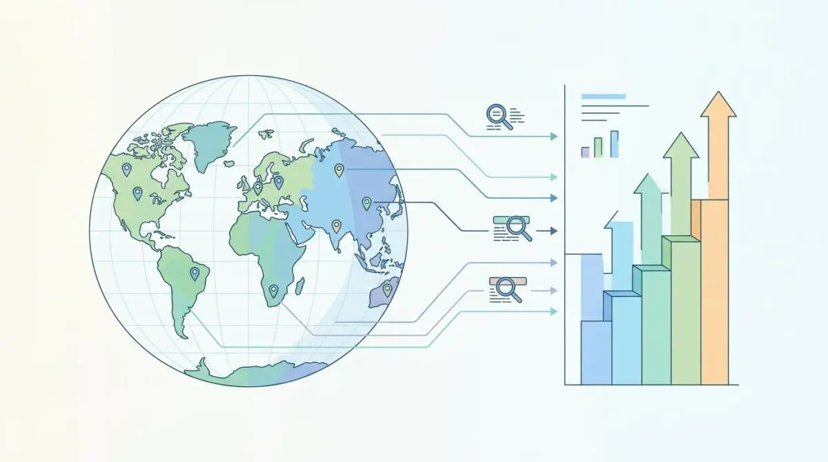Global map with location pins connected to search icons and growth charts, illustrating why traditional keyword rank tracking is obsolete in the age of GEO.