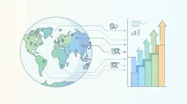 Global map with location pins connected to search icons and growth charts, illustrating why traditional keyword rank tracking is obsolete in the age of GEO.