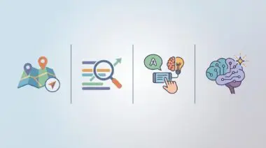 Illustration showing map for GEO, magnifying glass over graph for SEO, and brain for AEO, contrasting AI search types.