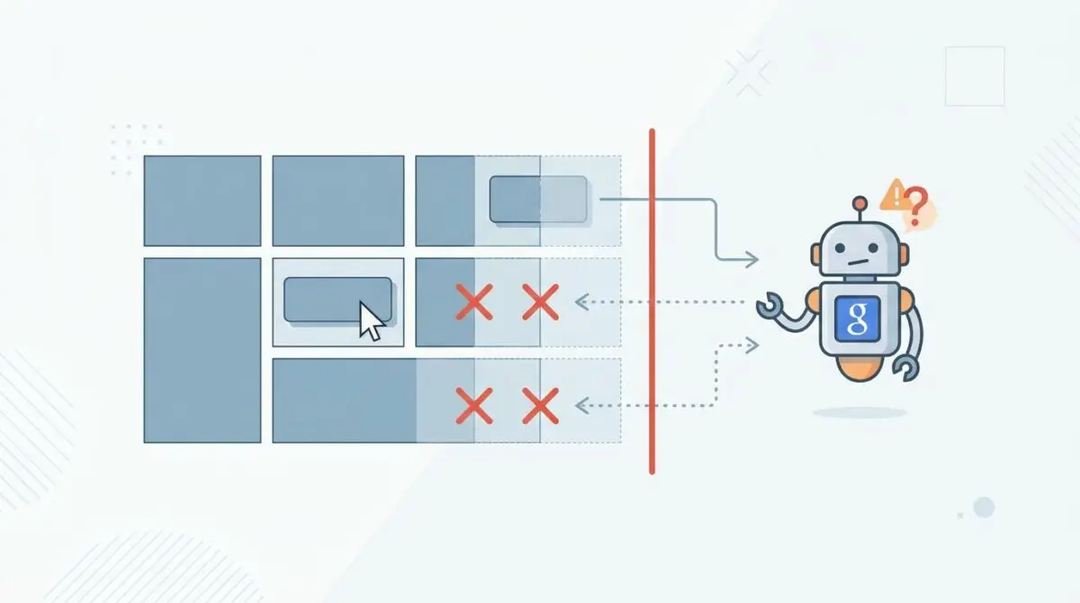 Robot analyzing grid layout errors, highlighting clickable elements too close together.