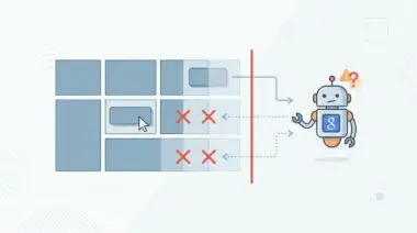 Robot analyzing grid layout errors, highlighting clickable elements too close together.