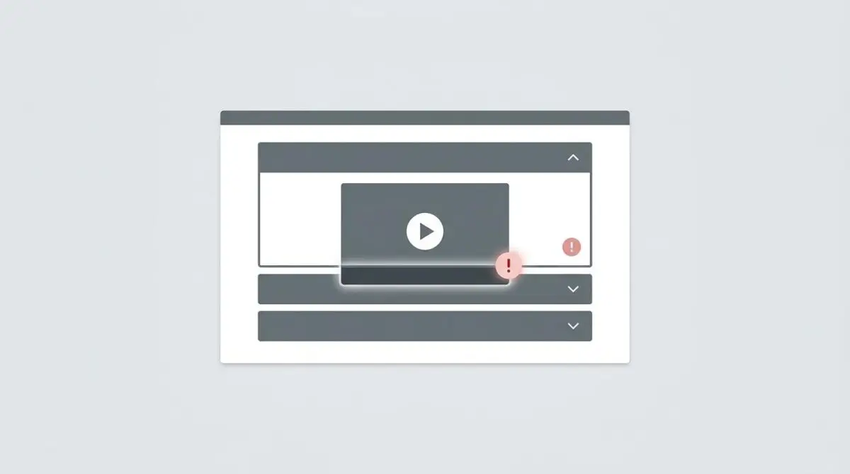 Video within accordion showing GSC reporting 'Video outside the viewport' error with exclamation icons.