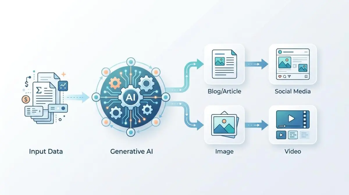 Diagram showing input data processed by Generative AI to create blog posts, images, and videos for social media.