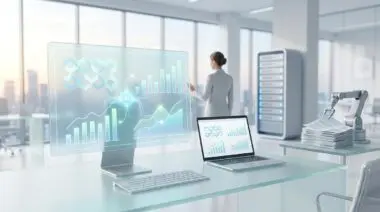 AI automates financial reporting with data visualization and robotics in a modern office.