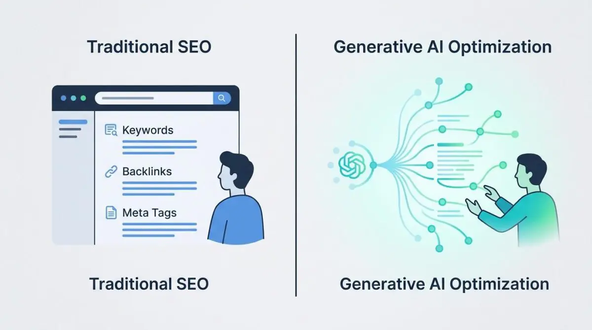 Illustration contrasting traditional SEO's keyword focus with Generative Engine Optimization's AI-driven network.