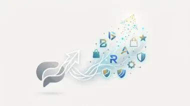 Abstract upward arrow leading to brand elements, illustrating how to get your brand recommended by ChatGPT Search.