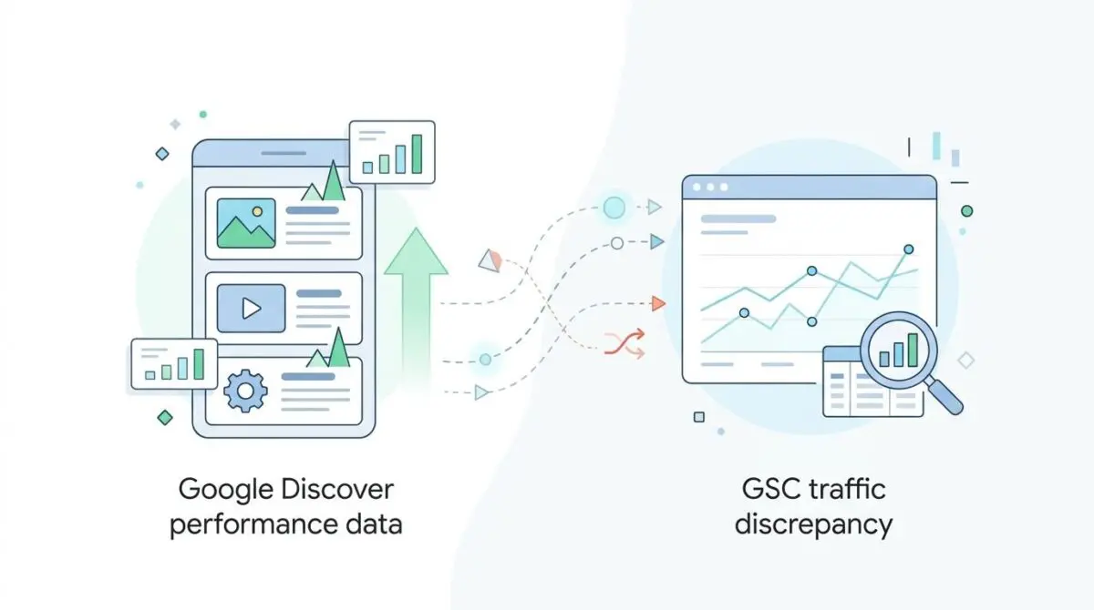 Illustration showing Google Discover performance data vs. GSC traffic discrepancy with charts and magnifying glass.
