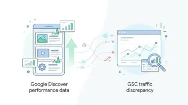 Illustration showing Google Discover performance data vs. GSC traffic discrepancy with charts and magnifying glass.