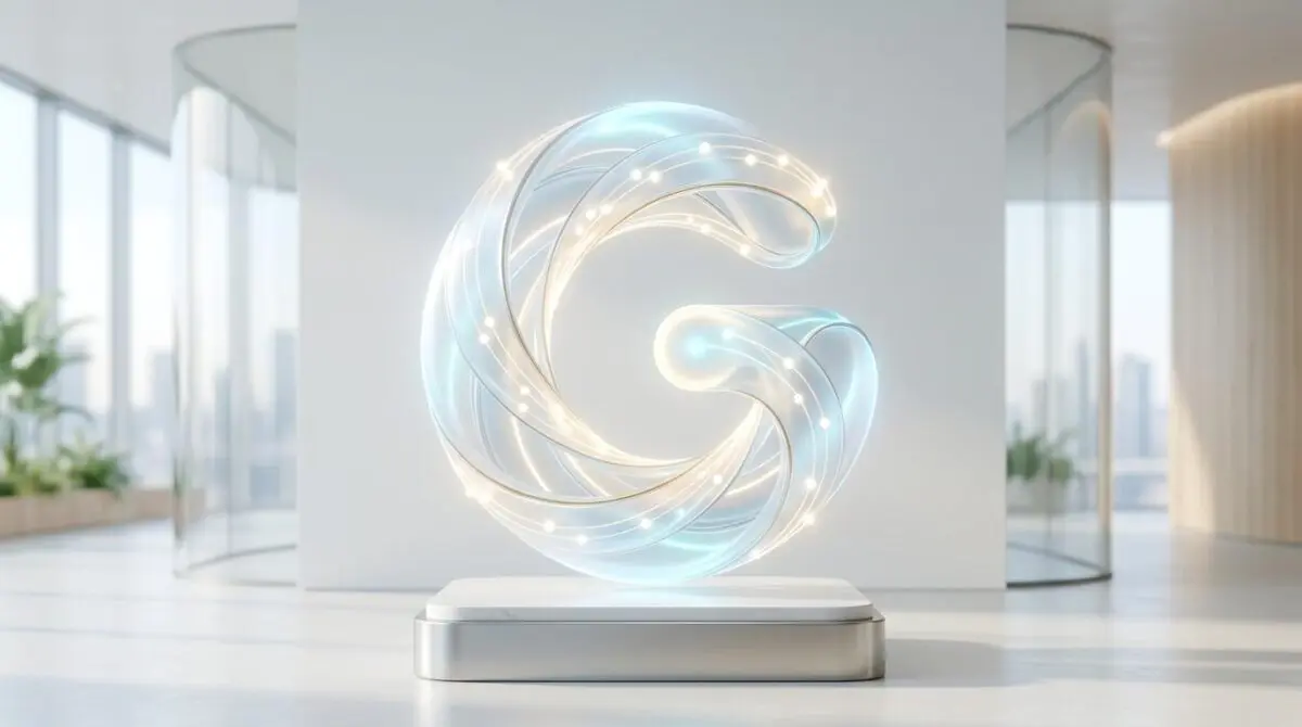 Glowing blue and white 'G' symbol representing Google Gemini, with illuminated dots.