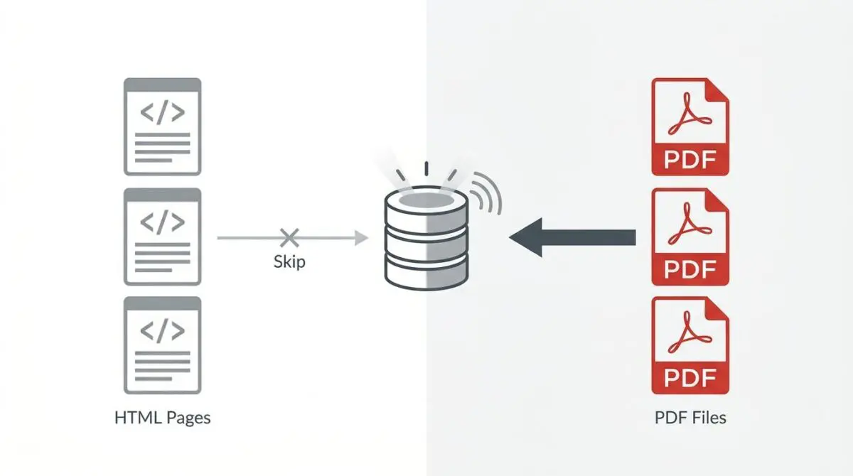 Diagram showing HTML pages being skipped in favor of direct PDF file indexing by Google.