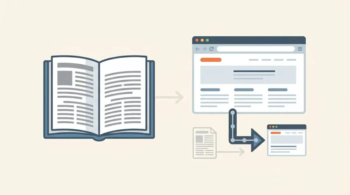 Open book transforming into a web browser and smaller document snippets, illustrating Google indexing print article data.