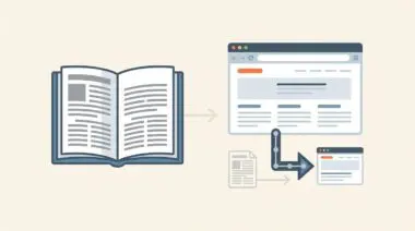 Open book transforming into a web browser and smaller document snippets, illustrating Google indexing print article data.