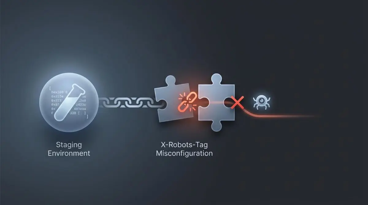 Broken chain link symbol representing X-Robots-Tag misconfiguration preventing staging environment indexing.