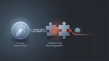 Broken chain link symbol representing X-Robots-Tag misconfiguration preventing staging environment indexing.