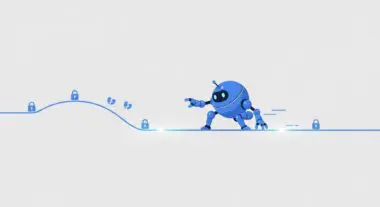 Blue robot crawling, encountering broken padlocks, indicating Googlebot crawling staging subdomain due to disabled HTTP authentication.