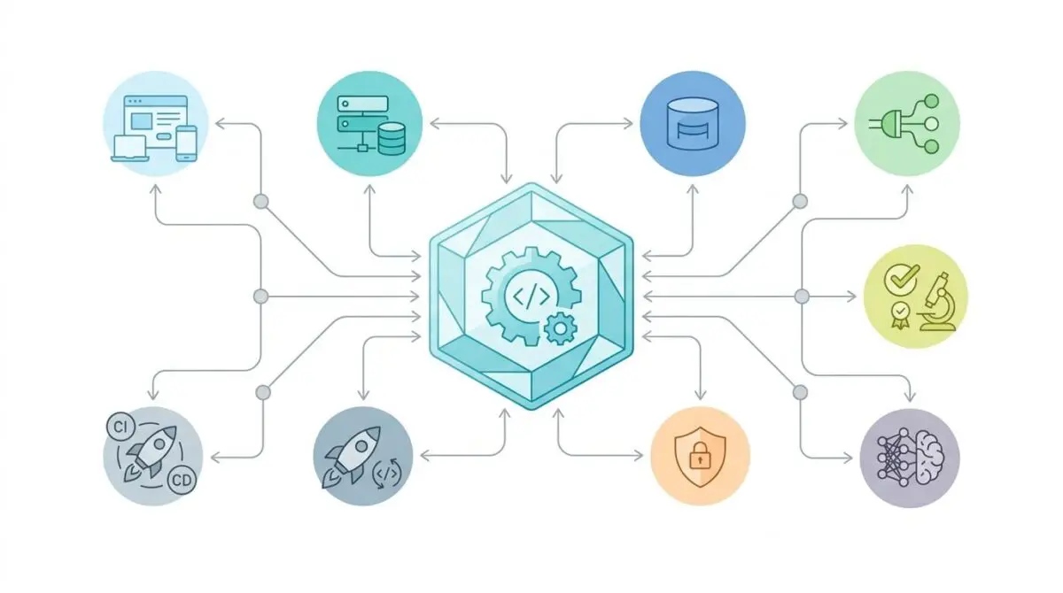 Diagram illustrating building multi-agent systems for complex software development with interconnected icons.